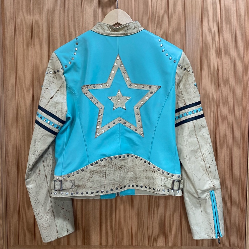 Vintage Wilsons Leather Blue and Tan Star Studded Jacket EUC - Picture 6 of 12